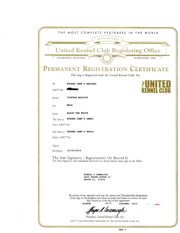 ukc maximus certificate of ownership
